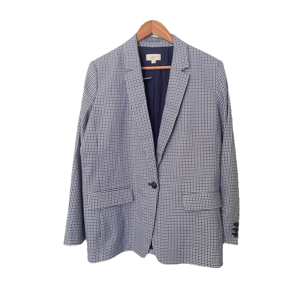 NWT 12P LOFT Navy & White Gingham Blazer |Preppy Coastal Academic Career Jacket - Picture 2 of 11